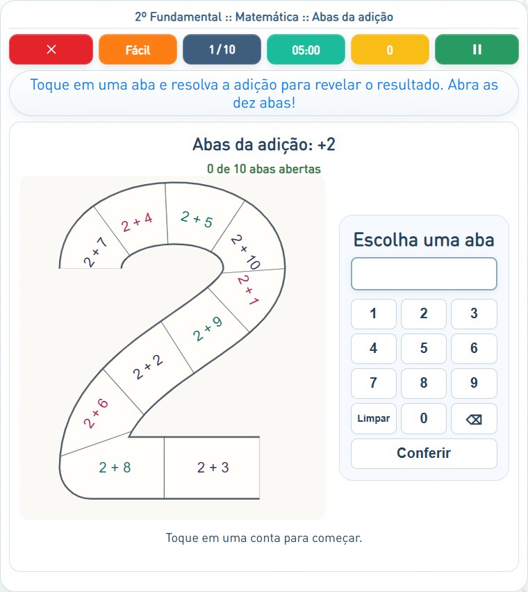 Captura de uma partida de Abas da adição, com as áreas numeradas e explicadas a seguir.