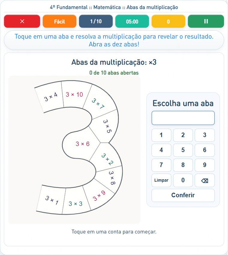 Captura de uma partida de Abas da multiplicação, com as áreas numeradas e explicadas a seguir.