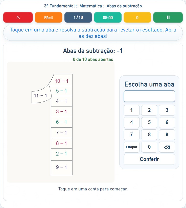 Captura de uma partida de Abas da subtração, com as áreas numeradas e explicadas a seguir.