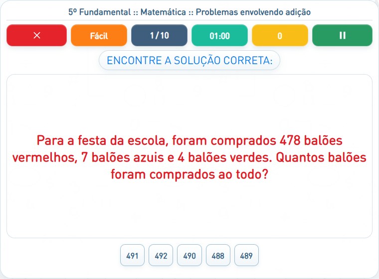 Captura de uma partida de Problemas envolvendo adição, com as áreas numeradas e explicadas a seguir.
