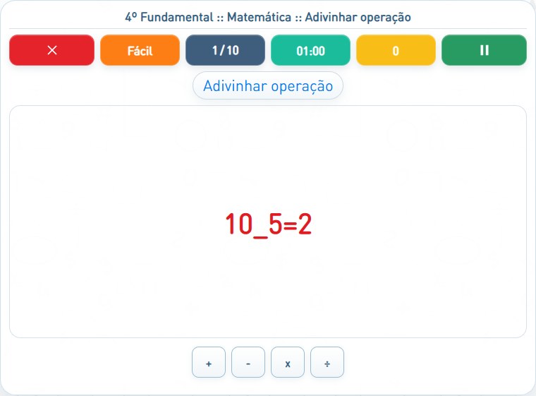 Captura de uma partida de Adivinhar operação, com as áreas numeradas e explicadas a seguir.