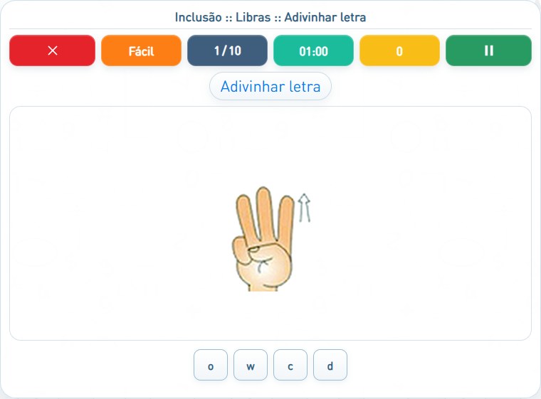 Captura de uma partida de Adivinhar letra, com as áreas numeradas e explicadas a seguir.