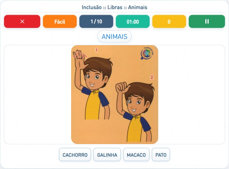 Captura de uma partida de Animais, com as áreas numeradas e explicadas a seguir.