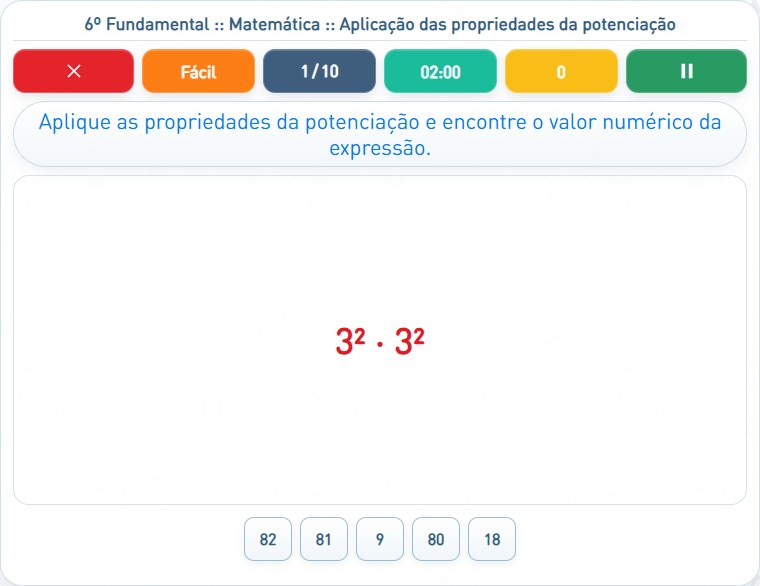 Captura de uma partida de Aplicação das propriedades da potenciação, com as áreas numeradas e explicadas a seguir.