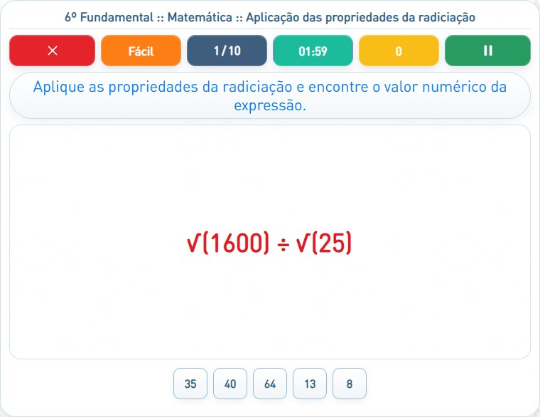 Captura de uma partida de Aplicação das propriedades da radiciação, com as áreas numeradas e explicadas a seguir.