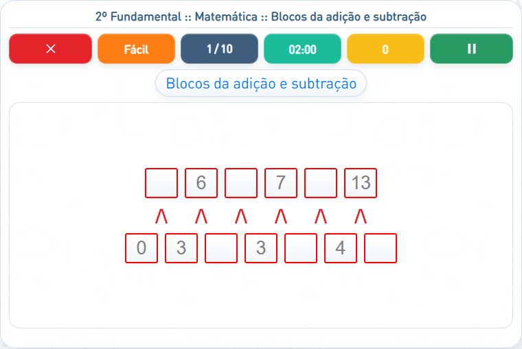 Captura de uma partida de Blocos da adição e subtração, com as áreas numeradas e explicadas a seguir.