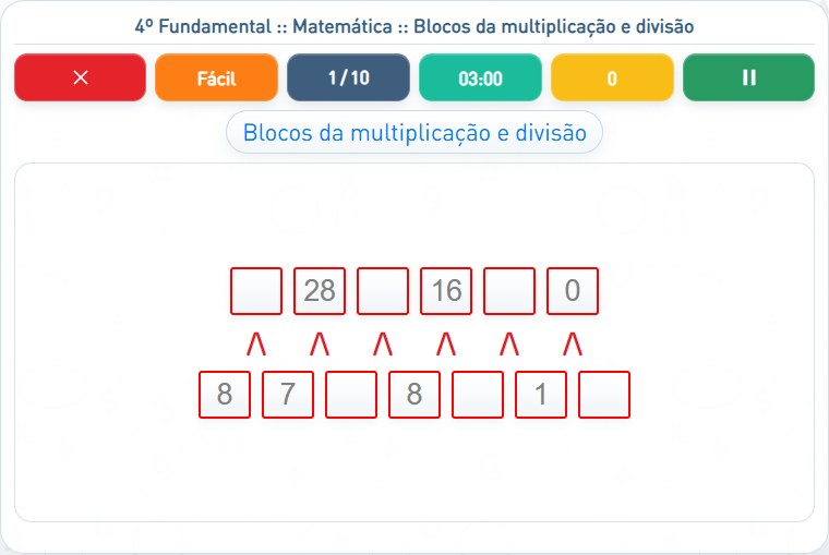 Captura de uma partida de Blocos da multiplicação e divisão, com as áreas numeradas e explicadas a seguir.