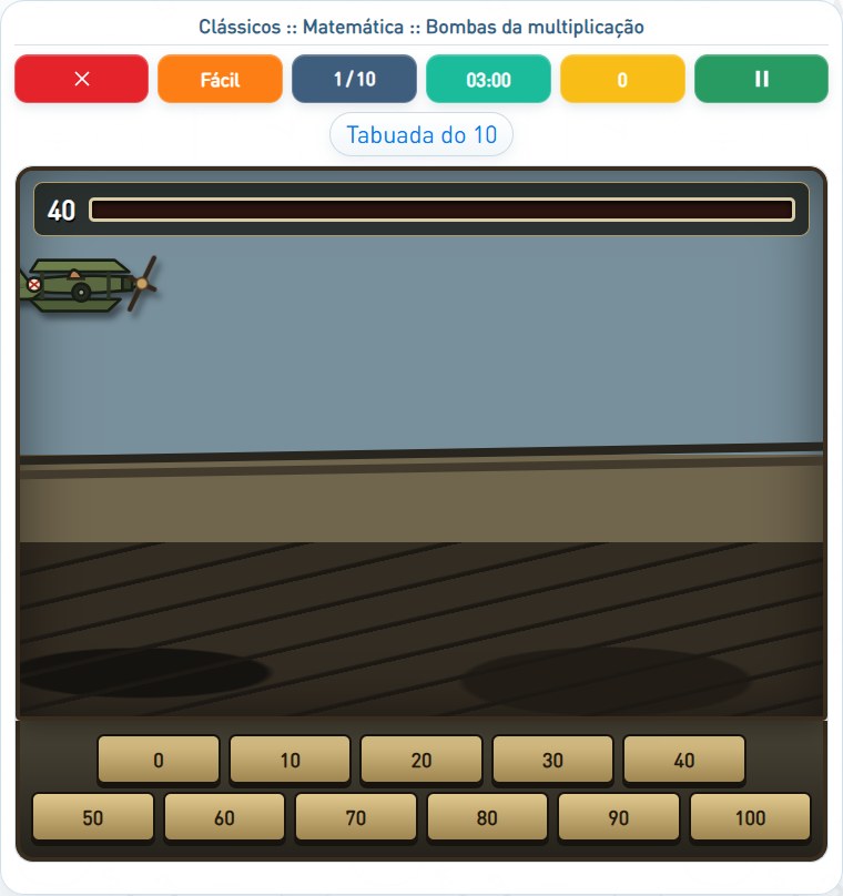 Captura de uma partida de Bombas da multiplicação, com as áreas numeradas e explicadas a seguir.