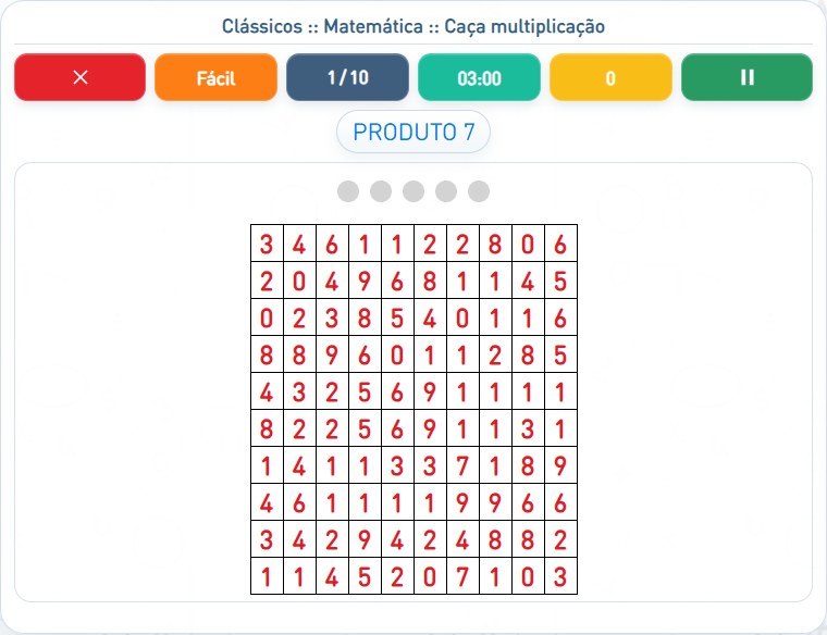 Captura de uma partida de Caça multiplicação, com as áreas numeradas e explicadas a seguir.