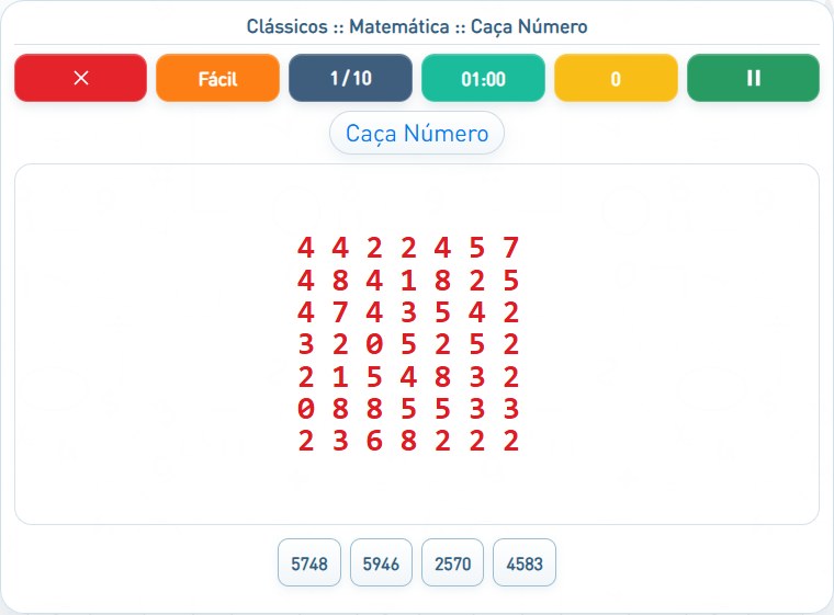 Captura de uma partida de Caça Número, com as áreas numeradas e explicadas a seguir.