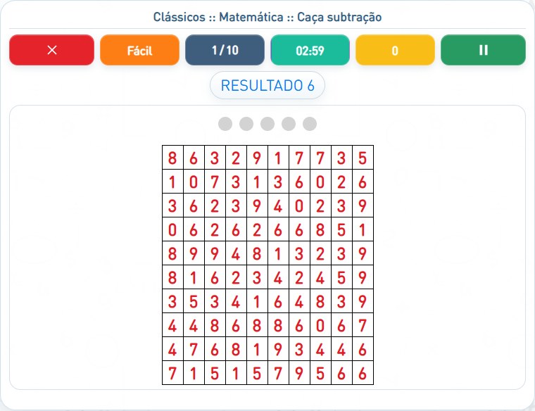 Captura de uma partida de Caça subtração, com as áreas numeradas e explicadas a seguir.