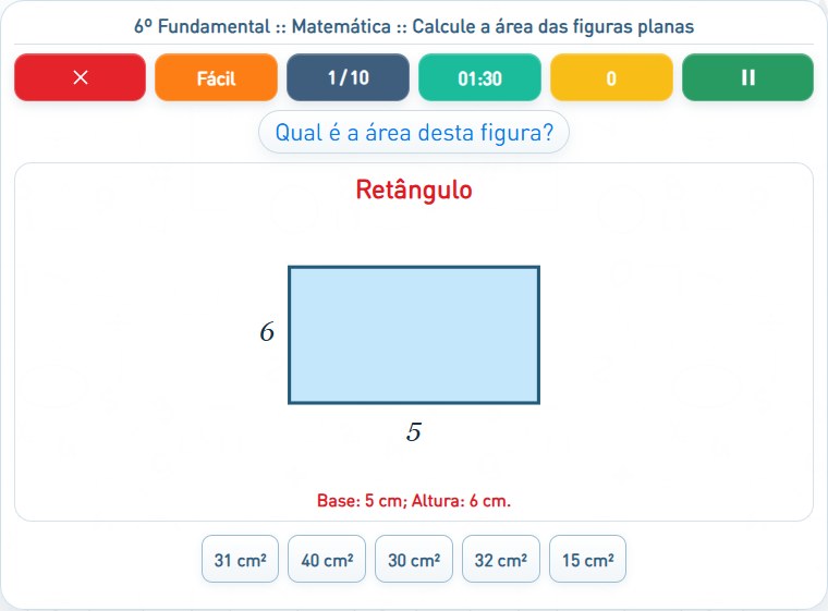 Captura de uma partida de Calcule a área das figuras planas, com as áreas numeradas e explicadas a seguir.