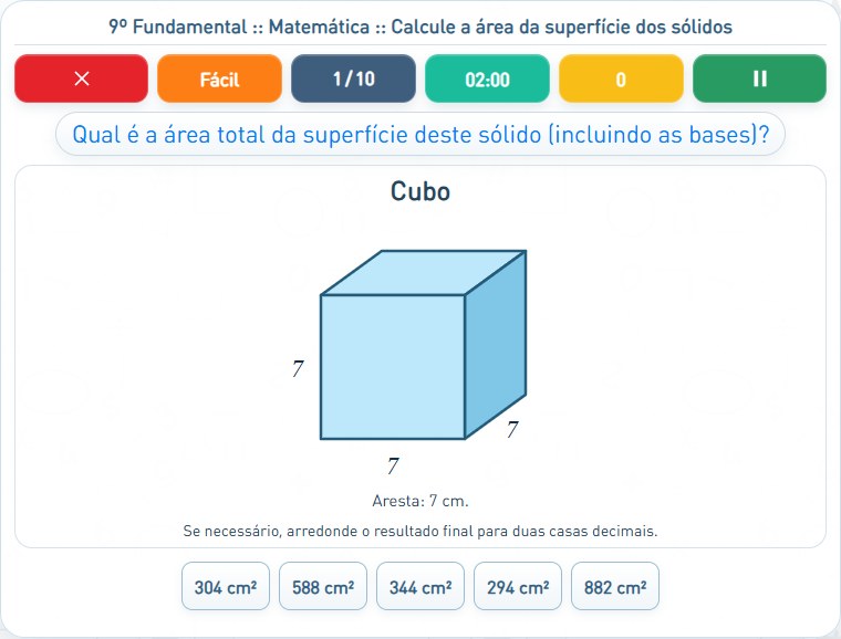 Captura de uma partida de Calcule a área da superfície dos sólidos, com as áreas numeradas e explicadas a seguir.