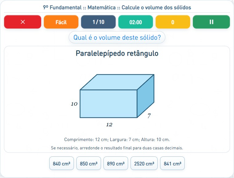 Captura de uma partida de Calcule o volume dos sólidos, com as áreas numeradas e explicadas a seguir.