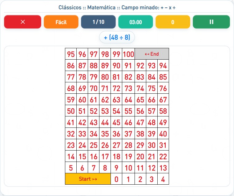 Captura de uma partida de Campo minado: + – x ÷, com as áreas numeradas e explicadas a seguir.