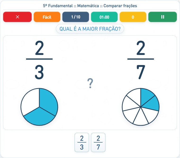 Captura de uma partida de Comparar frações, com as áreas numeradas e explicadas a seguir.