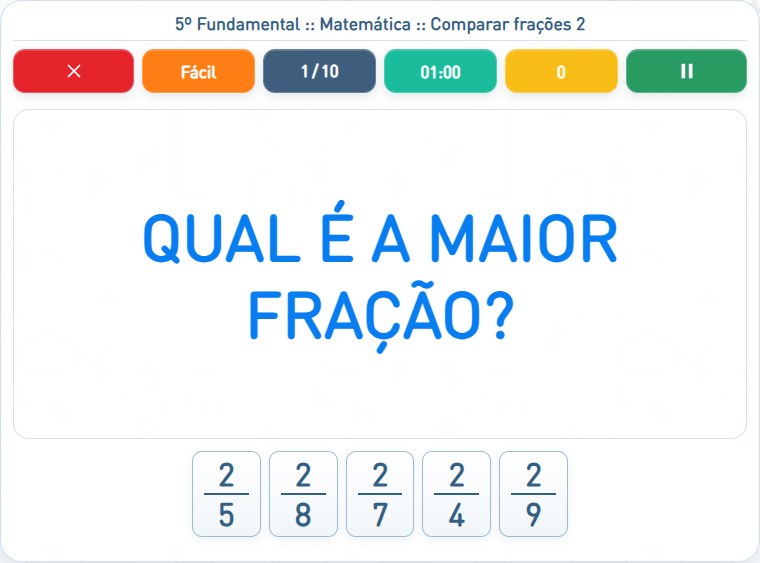 Captura de uma partida de Comparar frações 2, com as áreas numeradas e explicadas a seguir.