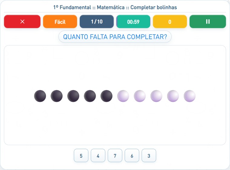 Captura de uma partida de Completar bolinhas, com as áreas numeradas e explicadas a seguir.