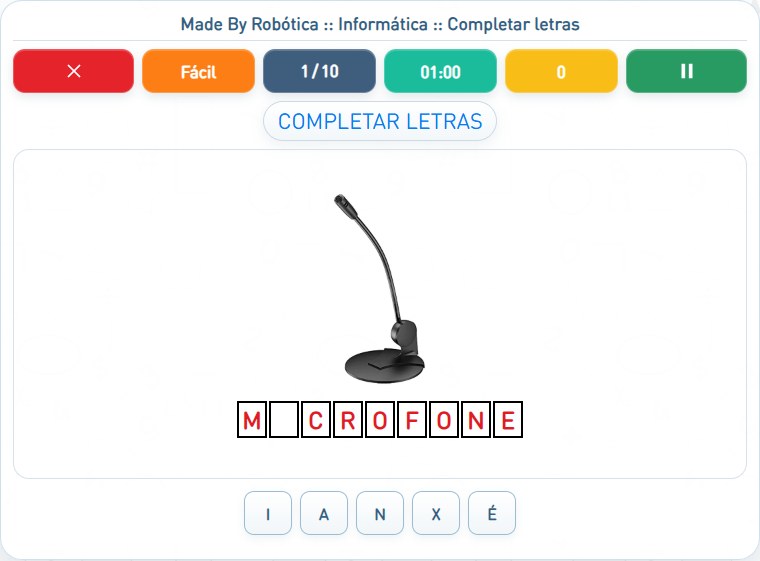 Captura de uma partida de Completar letras, com as áreas numeradas e explicadas a seguir.