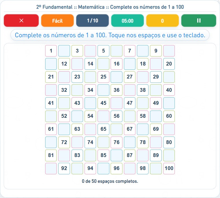 Captura de uma partida de Complete os números de 1 a 100, com as áreas numeradas e explicadas a seguir.