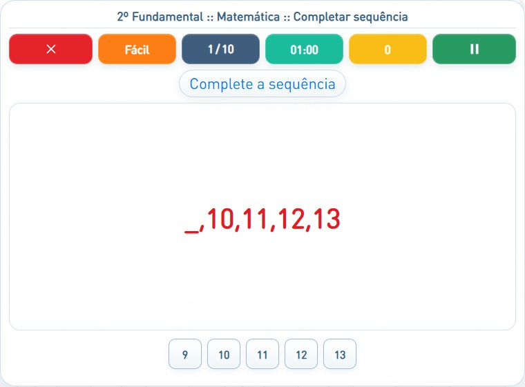 Captura de uma partida de Completar sequência, com as áreas numeradas e explicadas a seguir.
