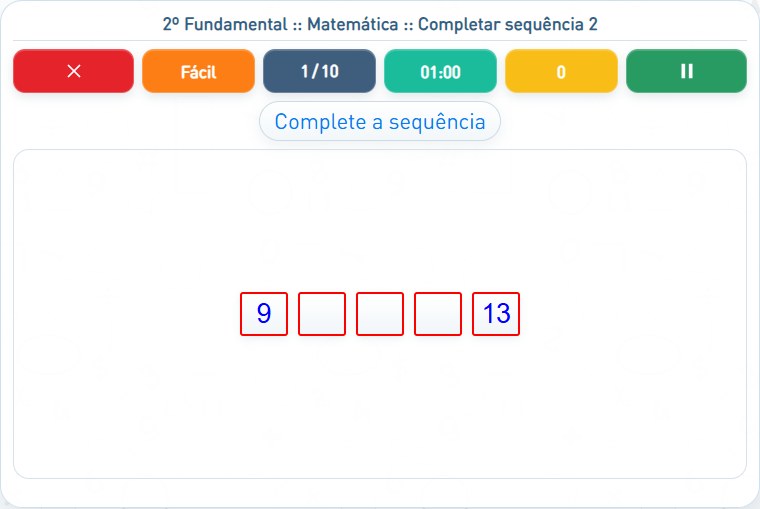 Captura de uma partida de Completar sequência 2, com as áreas numeradas e explicadas a seguir.