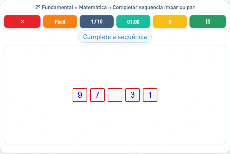 Captura de uma partida de Completar sequencia ímpar ou par, com as áreas numeradas e explicadas a seguir.