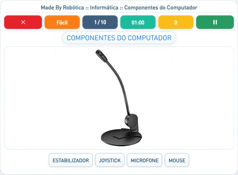 Captura de uma partida de Componentes do Computador, com as áreas numeradas e explicadas a seguir.