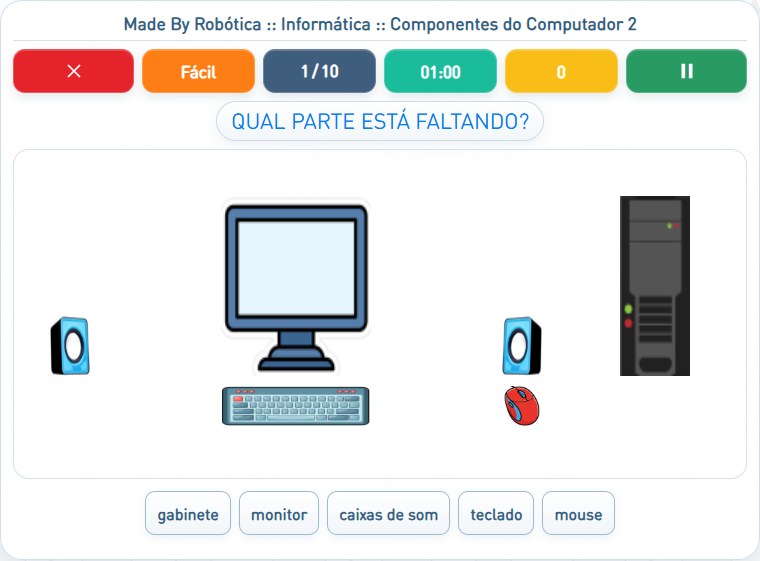 Captura de uma partida de Componentes do Computador 2, com as áreas numeradas e explicadas a seguir.
