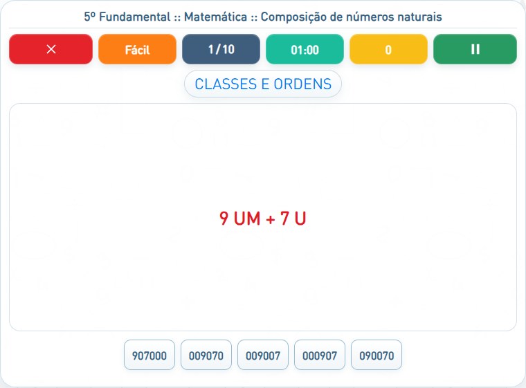 Captura de uma partida de Composição de números naturais, com as áreas numeradas e explicadas a seguir.