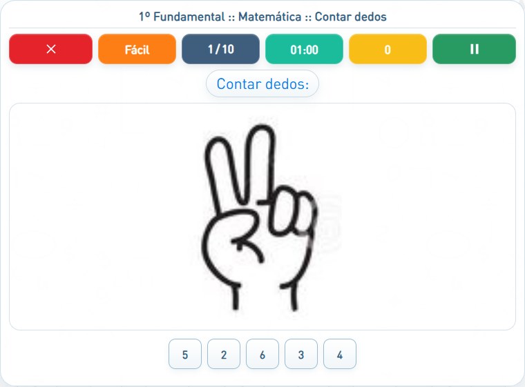 Captura de uma partida de Contar dedos, com as áreas numeradas e explicadas a seguir.