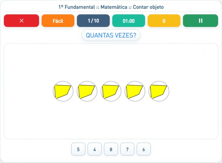 Captura de uma partida de Contar objeto, com as áreas numeradas e explicadas a seguir.