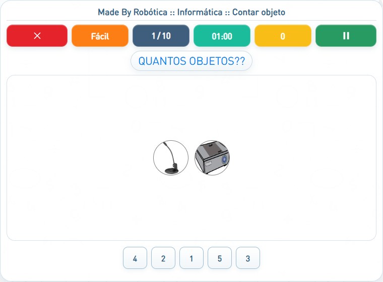 Captura de uma partida de Contar objeto, com as áreas numeradas e explicadas a seguir.