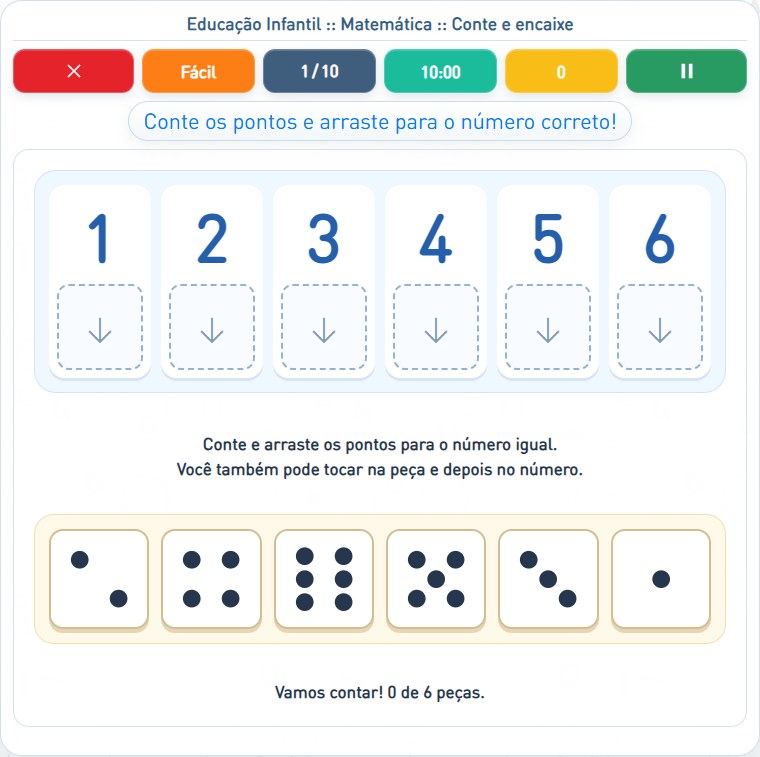 Captura de uma partida de Conte e encaixe, com as áreas numeradas e explicadas a seguir.