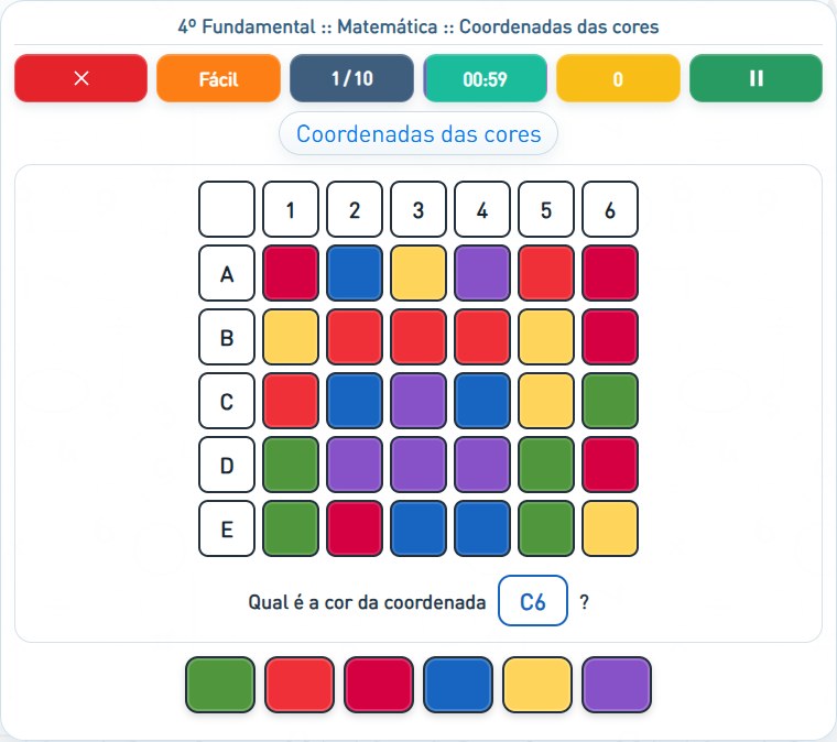 Captura de uma partida de Coordenadas das cores, com as áreas numeradas e explicadas a seguir.