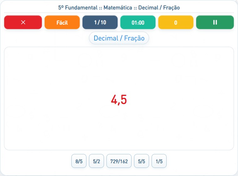 Captura de uma partida de Decimal / Fração, com as áreas numeradas e explicadas a seguir.