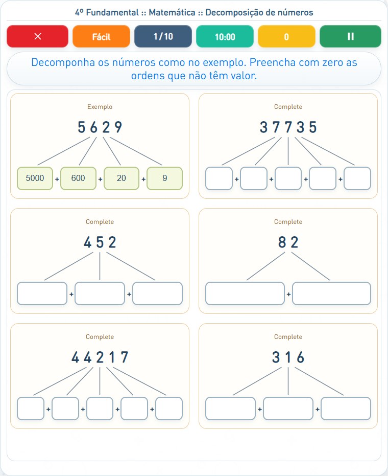 Captura de uma partida de Decomposição de números, com as áreas numeradas e explicadas a seguir.