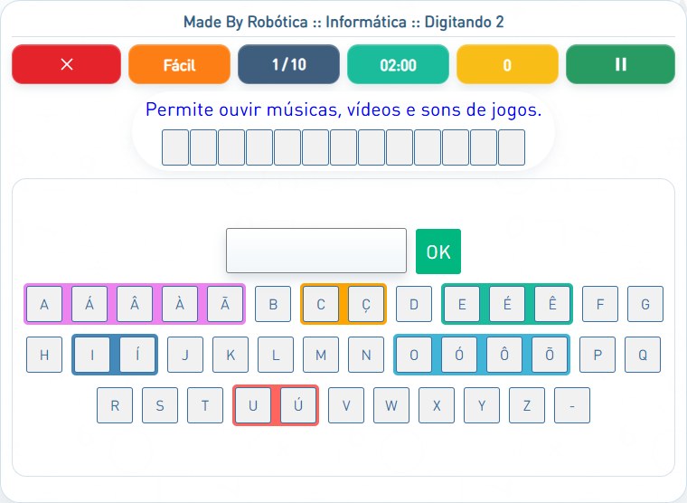 Captura de uma partida de Digitando 2, com as áreas numeradas e explicadas a seguir.