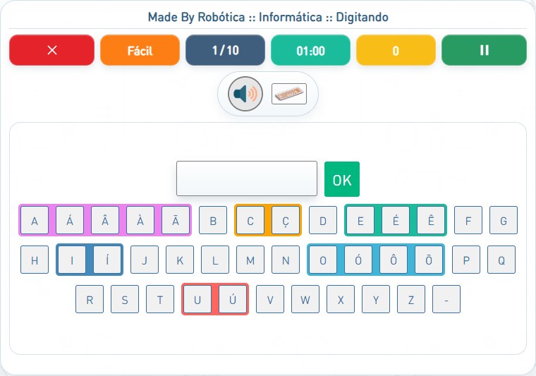 Captura de uma partida de Digitando, com as áreas numeradas e explicadas a seguir.