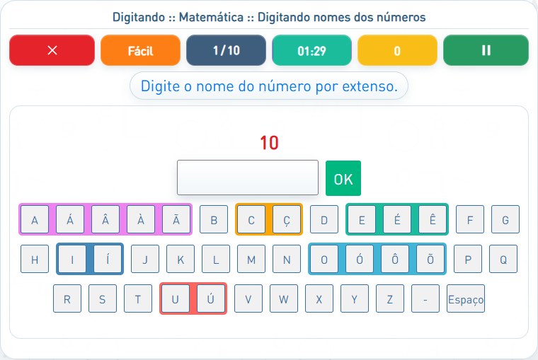 Captura de uma partida de Digitando nomes dos números, com as áreas numeradas e explicadas a seguir.