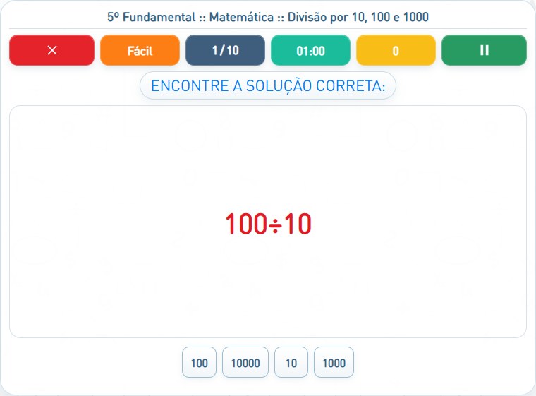 Captura de uma partida de Divisão por 10, 100 e 1000, com as áreas numeradas e explicadas a seguir.