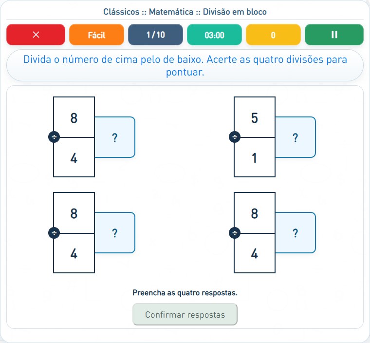 Captura de uma partida de Divisão em bloco, com as áreas numeradas e explicadas a seguir.