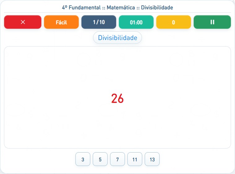 Captura de uma partida de Divisibilidade, com as áreas numeradas e explicadas a seguir.