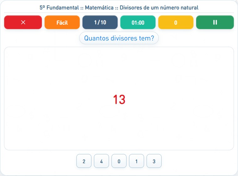 Captura de uma partida de Divisores de um número natural, com as áreas numeradas e explicadas a seguir.