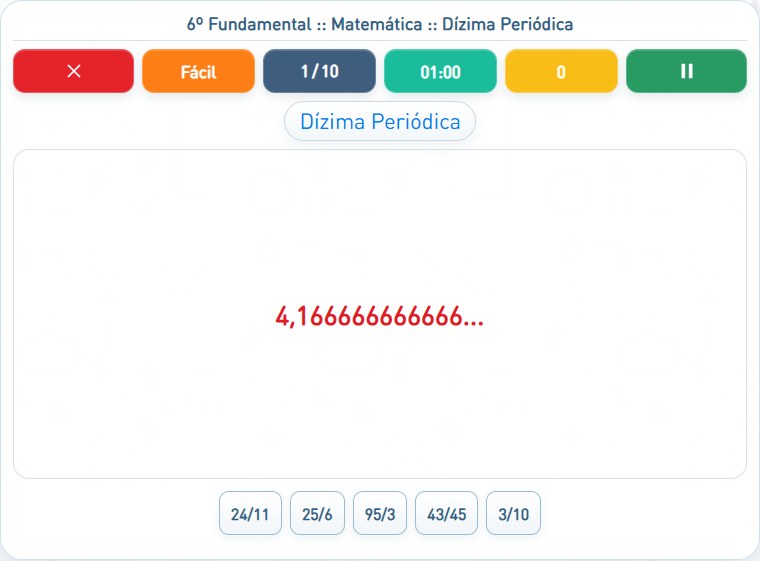 Captura de uma partida de Dízima Periódica, com as áreas numeradas e explicadas a seguir.