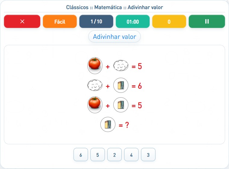 Captura de uma partida de Adivinhar valor, com as áreas numeradas e explicadas a seguir.