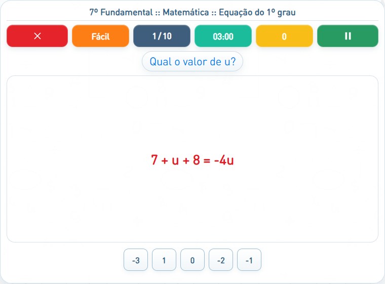 Captura de uma partida de Equação do 1º grau, com as áreas numeradas e explicadas a seguir.