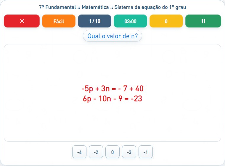 Captura de uma partida de Sistema de equação do 1º grau, com as áreas numeradas e explicadas a seguir.
