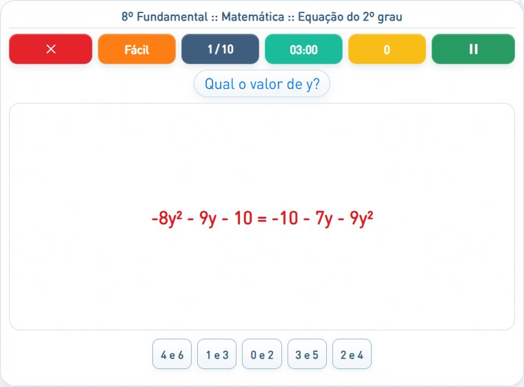 Captura de uma partida de Equação do 2º grau, com as áreas numeradas e explicadas a seguir.