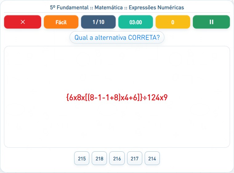 Captura de uma partida de Expressões Numéricas, com as áreas numeradas e explicadas a seguir.